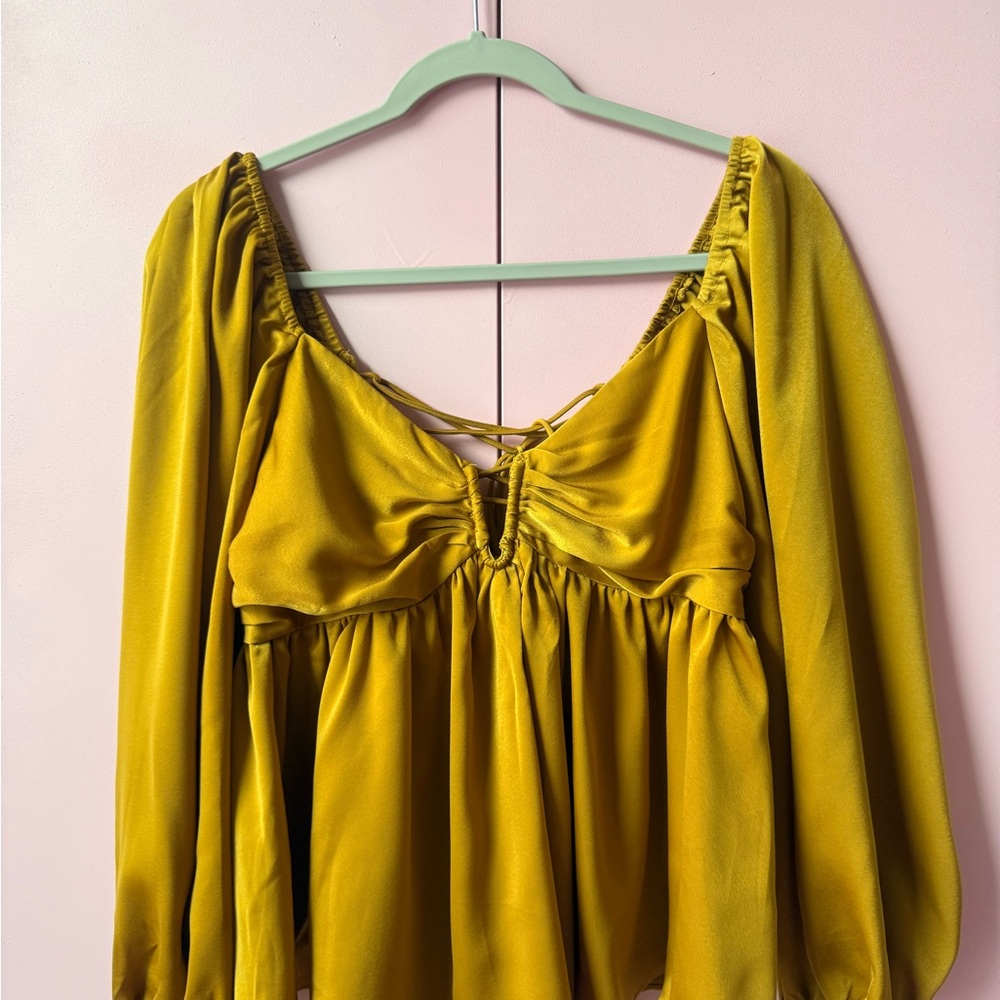 Mustard Seed Olive-Gold Satin Long Sleeve Ruched Peasant Blouse